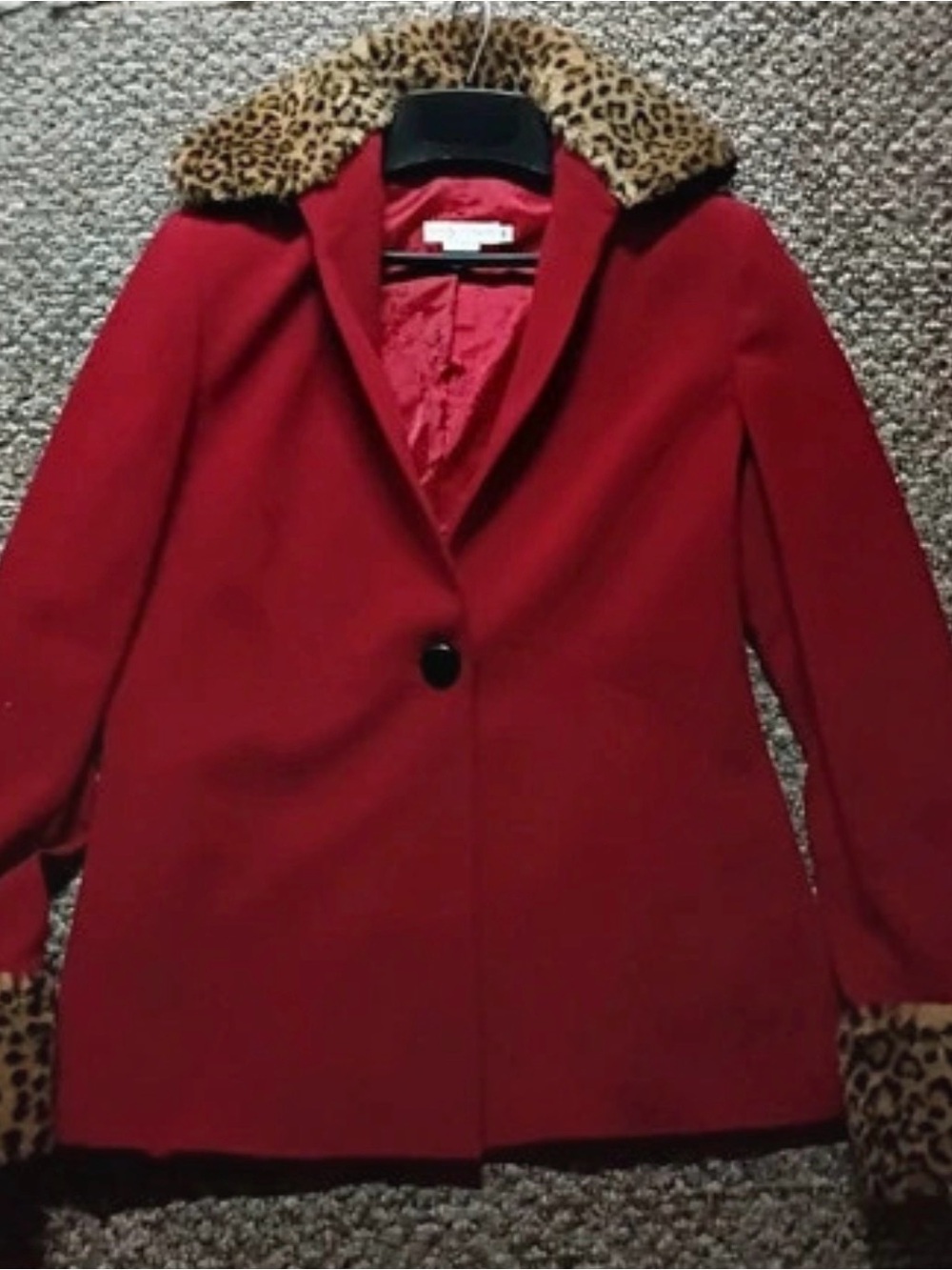 Red Women's Coat with Leopard Trim